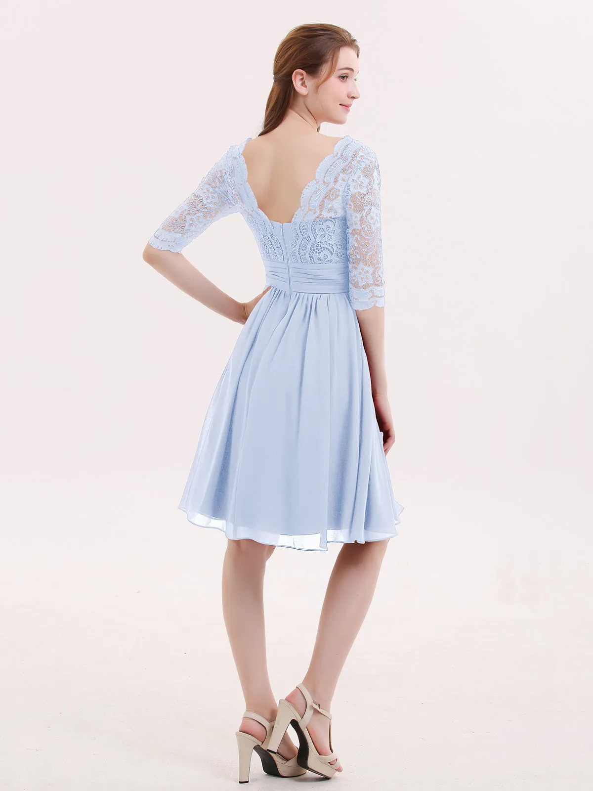 Lace and Chiffon Short Dress with Half Sleeves Sky Blue