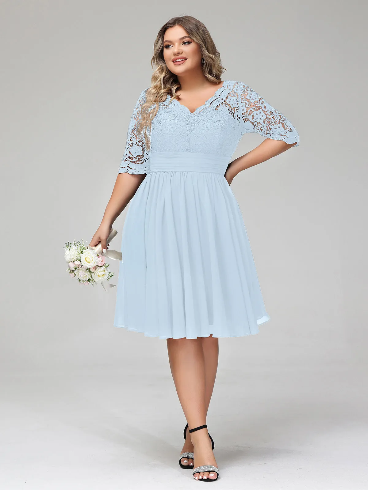 Lace and Chiffon Short Dress with Half Sleeves Sky Blue