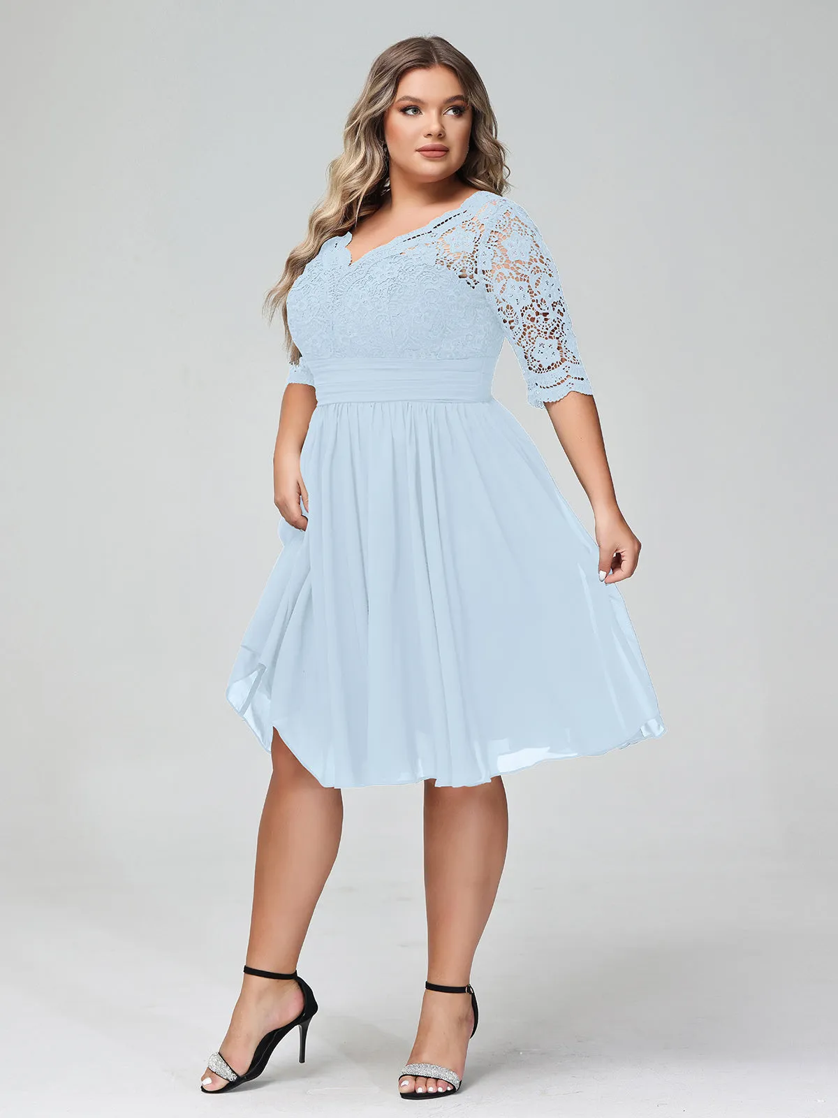 Lace and Chiffon Short Dress with Half Sleeves Sky Blue