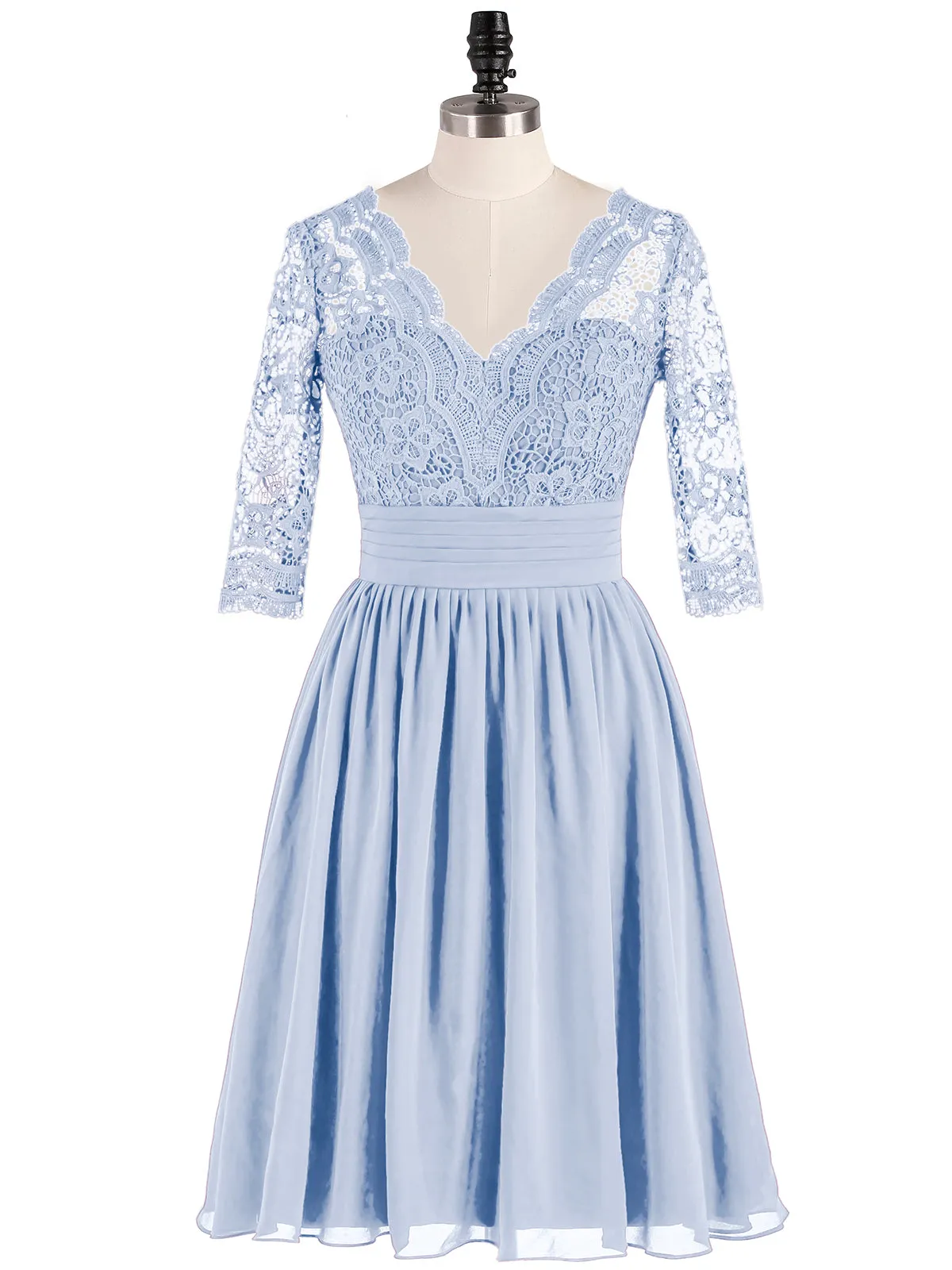 Lace and Chiffon Short Dress with Half Sleeves Sky Blue