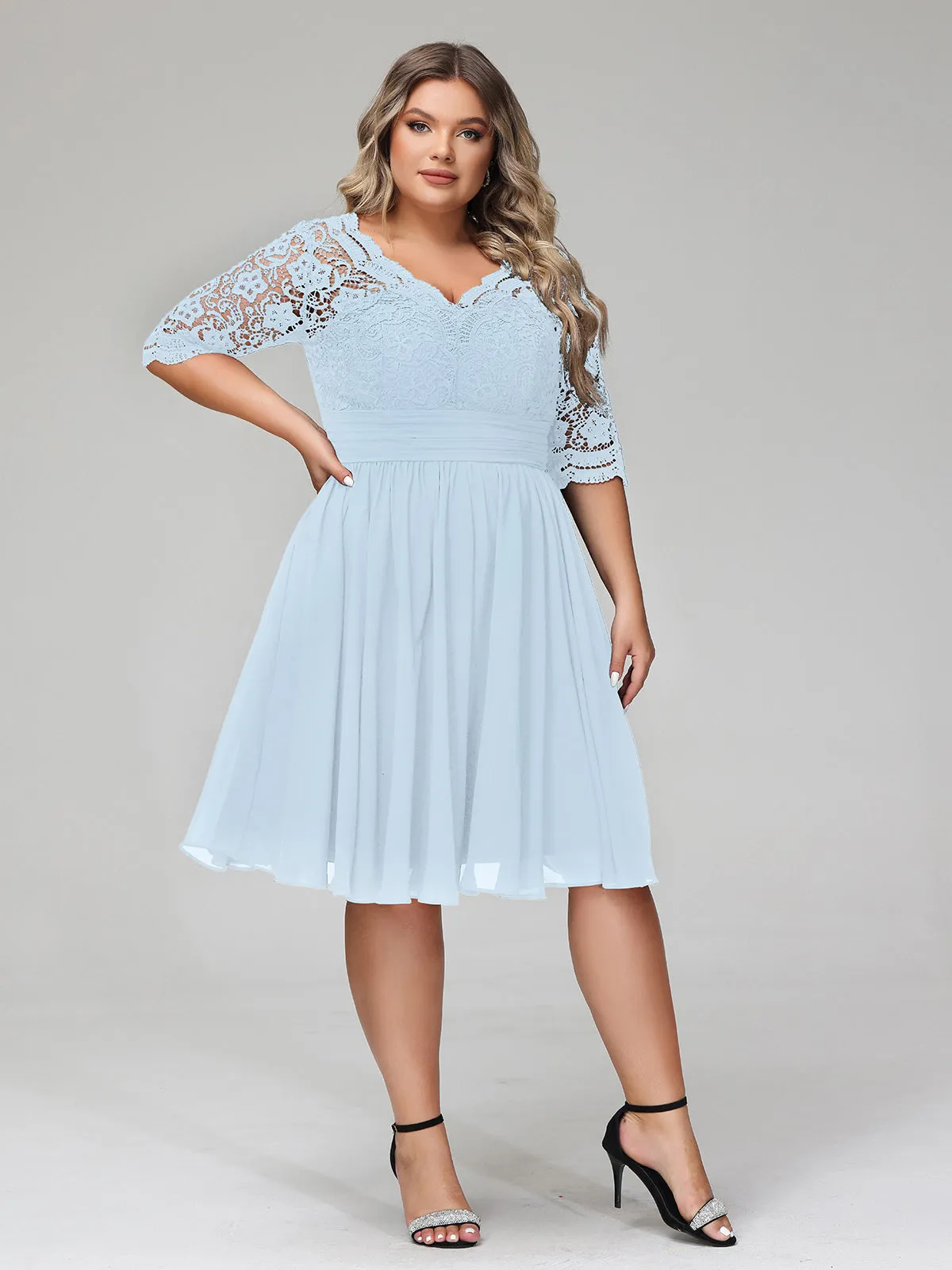 Lace and Chiffon Short Dress with Half Sleeves Sky Blue