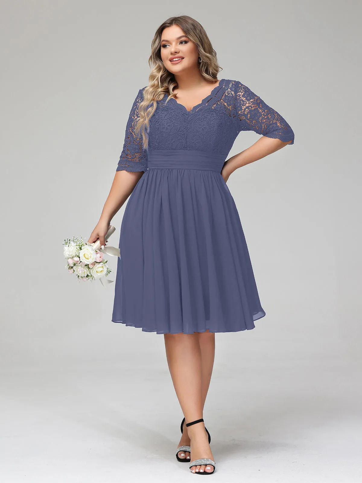 Lace and Chiffon Short Dress with Half Sleeves Stormy