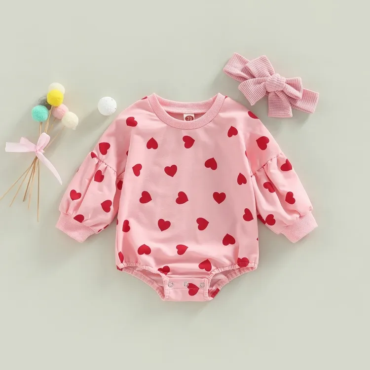 Long Sleeve Pink Hearts Valentines Baby Bodysuit