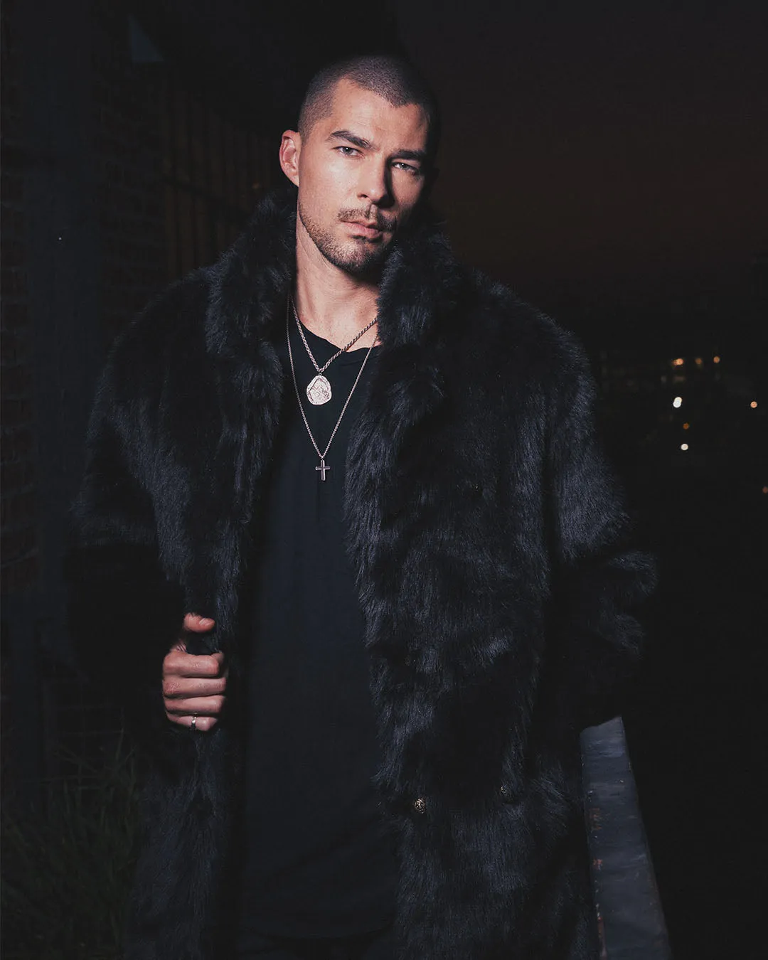 Men's Long Faux Fur Coat | Black Serval