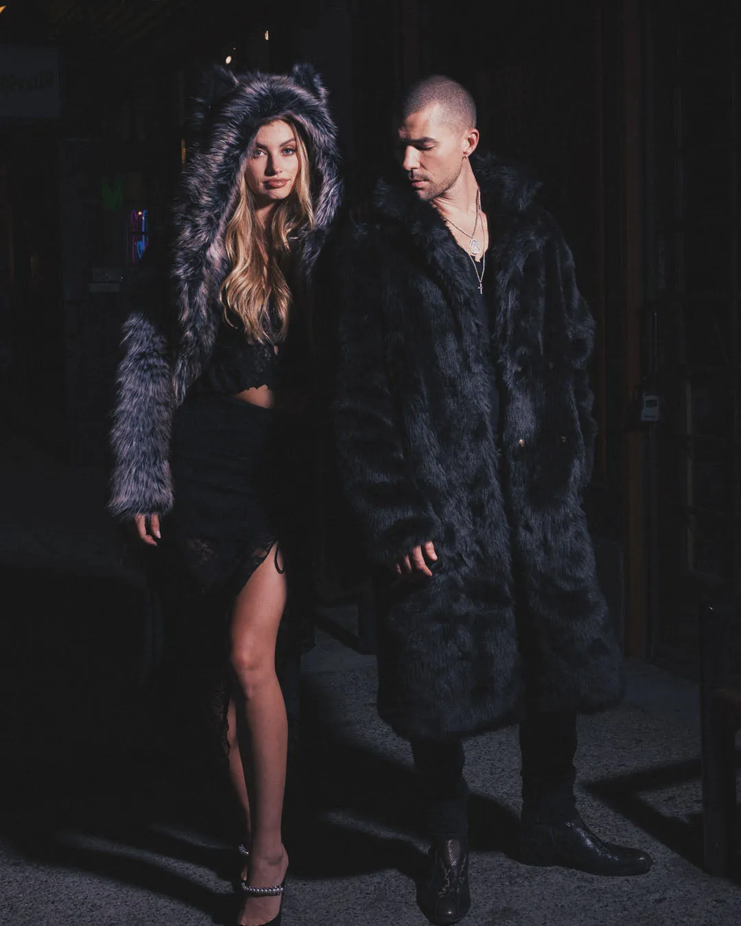 Men's Long Faux Fur Coat | Black Serval