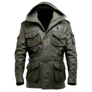 Men's Olive Green  Genuine Sheepskin Military Style  Warm Leather Coat