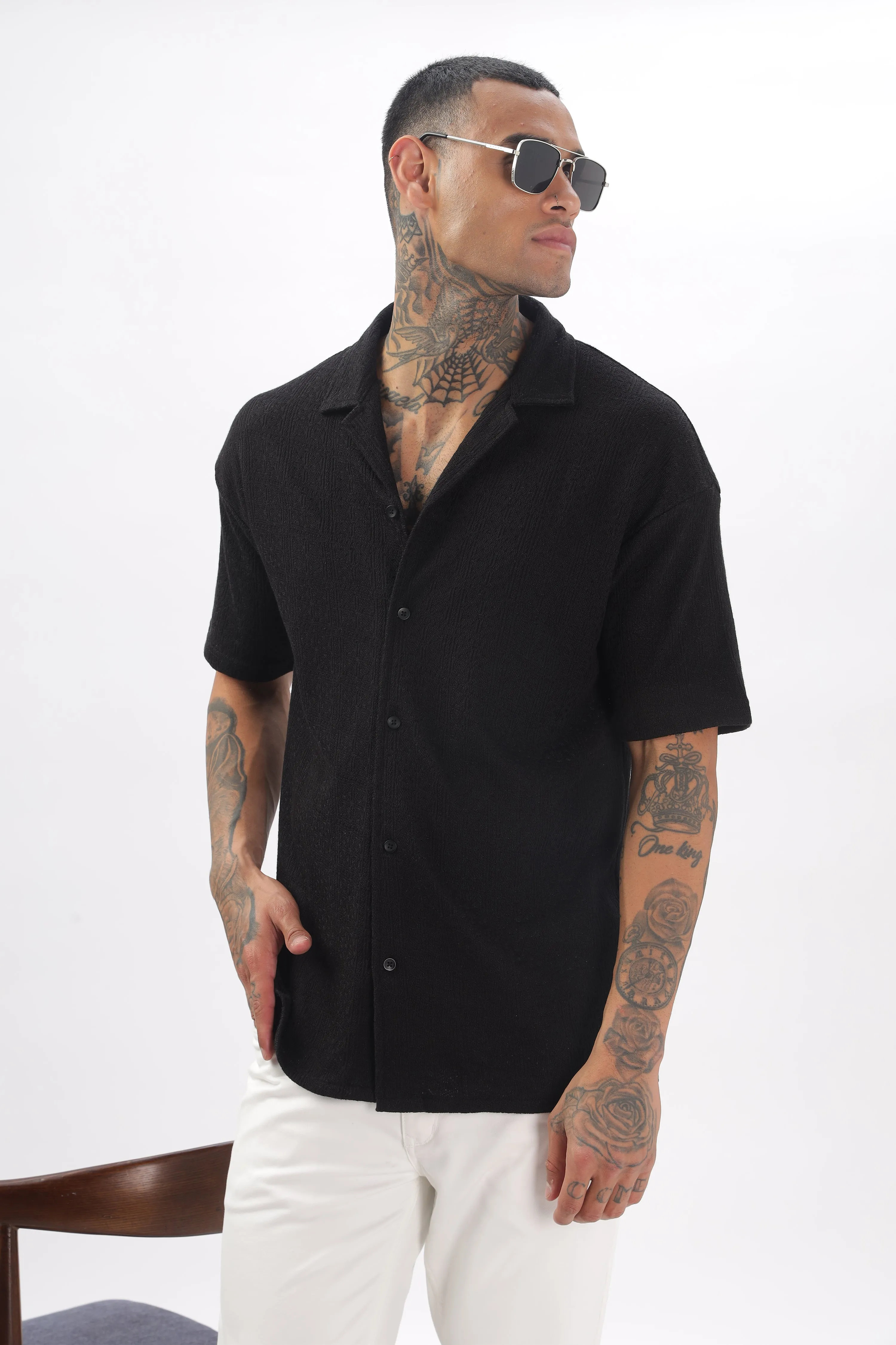 Midnight Breeze Cuban Collar Black  Shirt