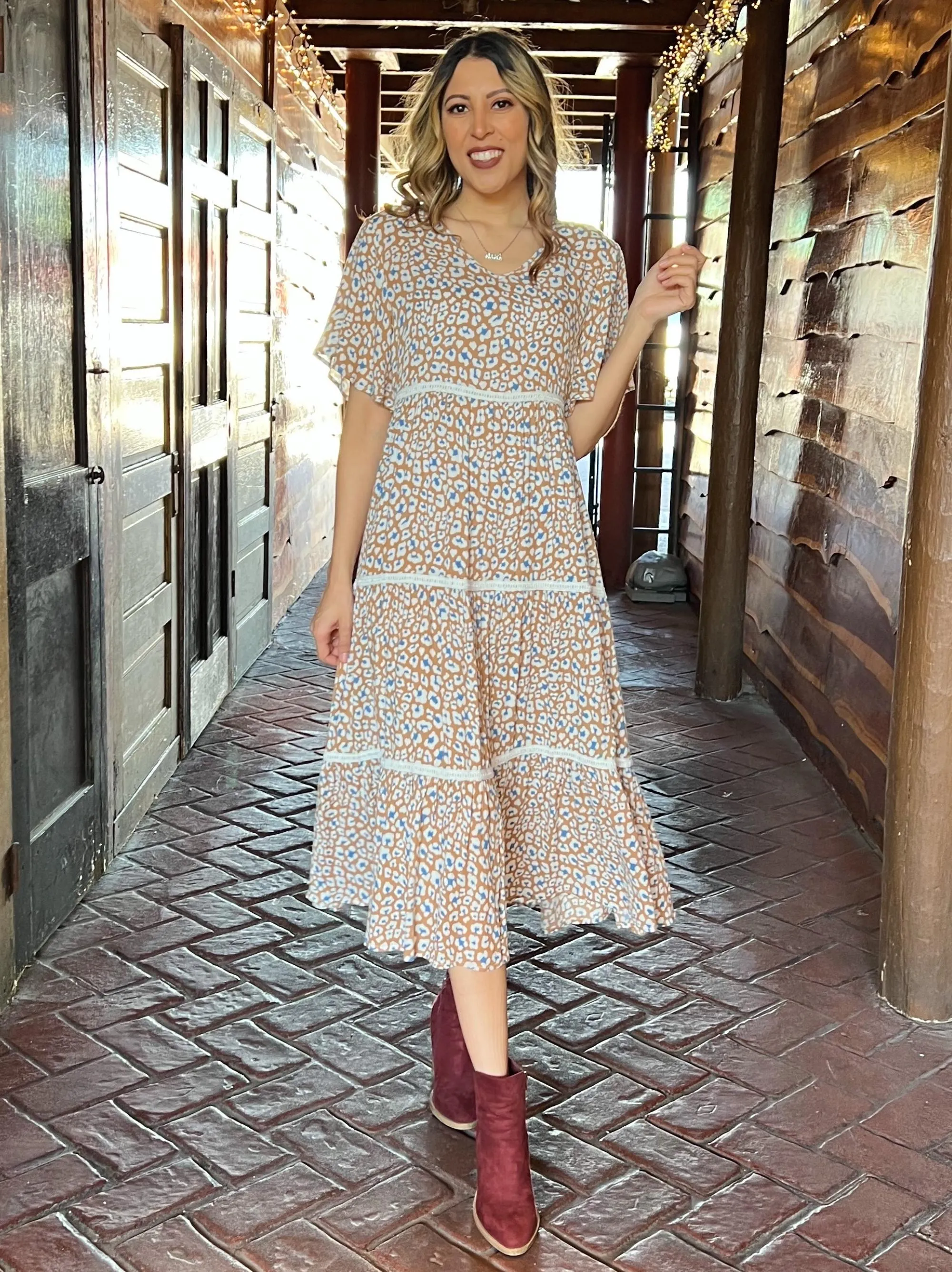 Quiet Saturday Flowy Short Sleeve Leopard Tiered Midi Dress