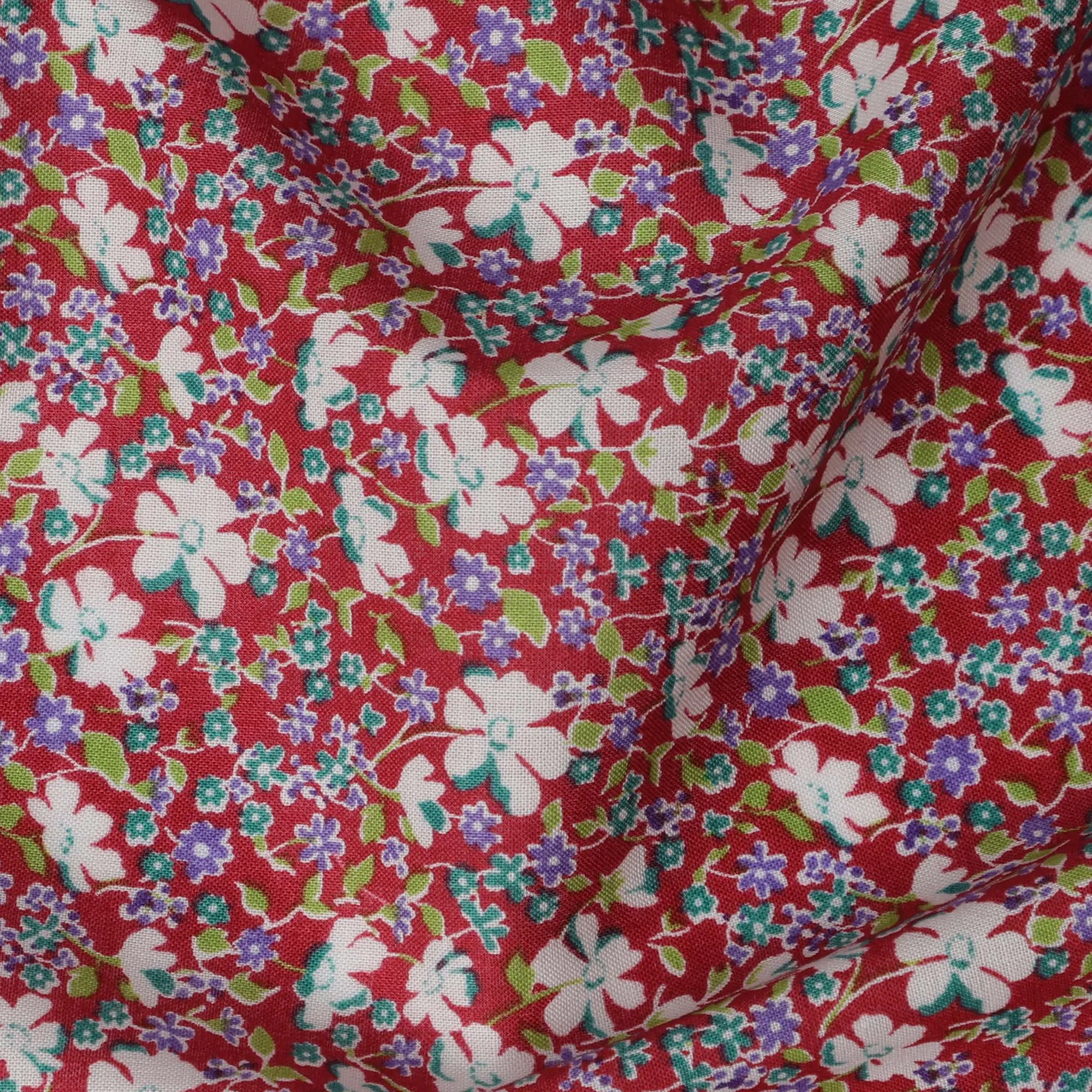 Red and White Floral Cotton Lawn Digital Print Fabric - 110 cm Width-D21239