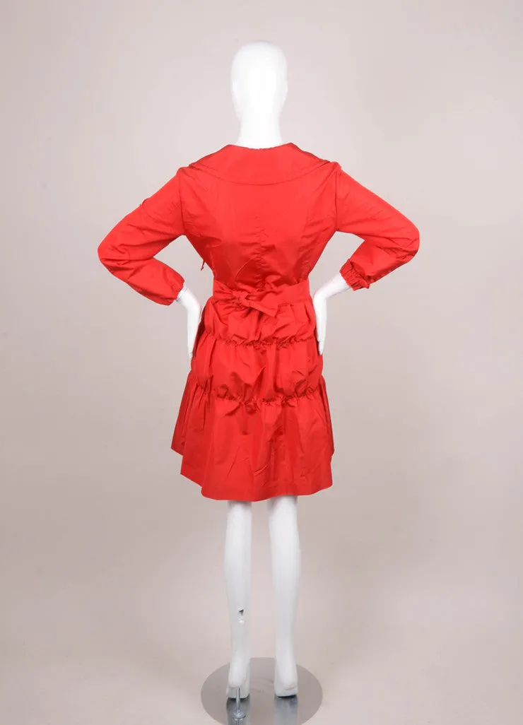 Red Lightweight Slick Belted and Buttoned Tiered Coat