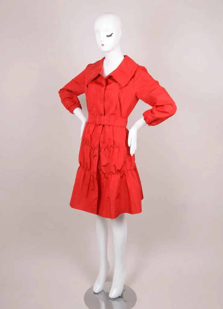 Red Lightweight Slick Belted and Buttoned Tiered Coat