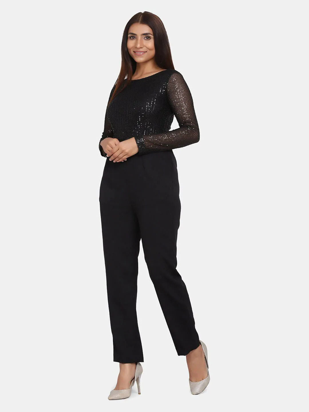 Sequin Stretch Jumpsuit for Women - Black