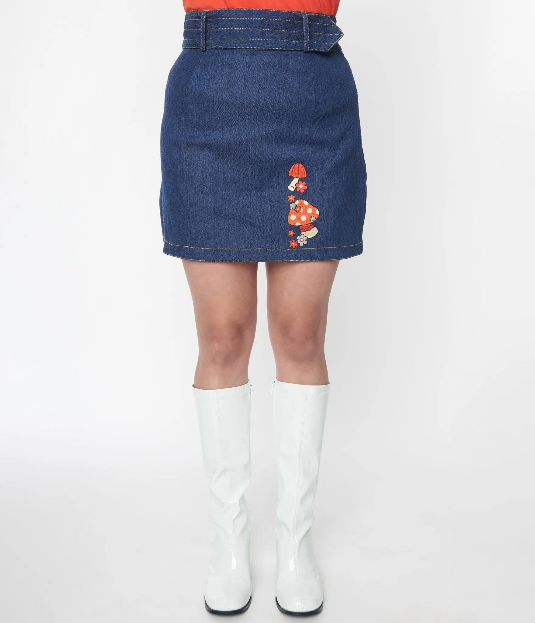 Smak Parlour Mushroom Embroidered Denim Belted Mini Skirt