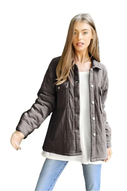 Solid Mineral Wash Quilted Pockets Shacket