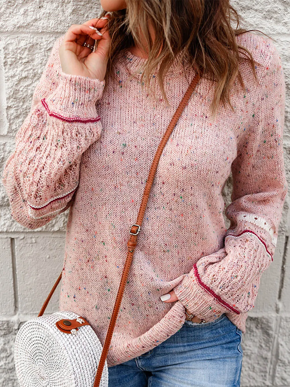 V-Neck Sweater Blush Wool-Cashmere Dots Knit