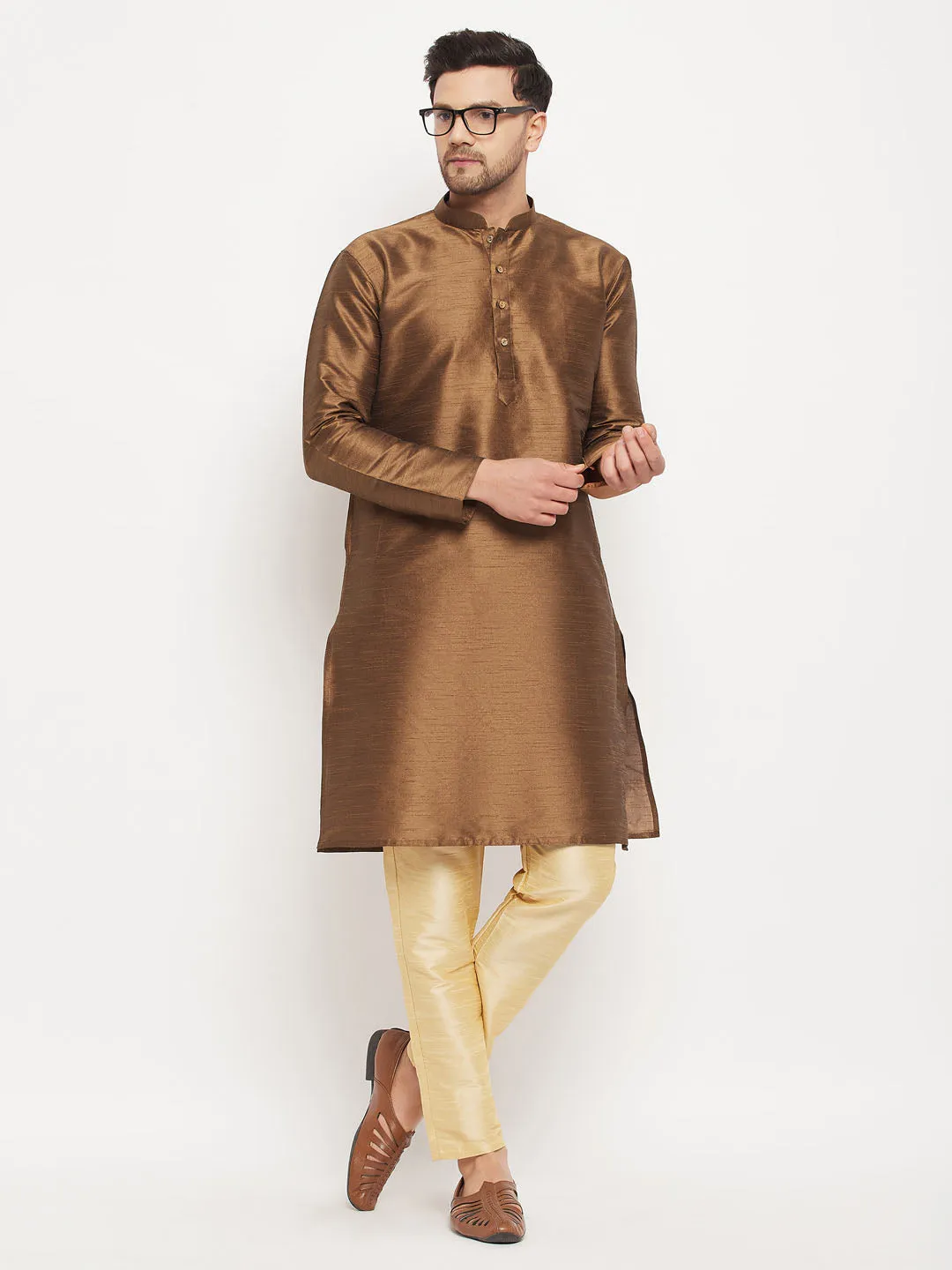 VASTRAMAY Men's Coffee Silk Kurta Set