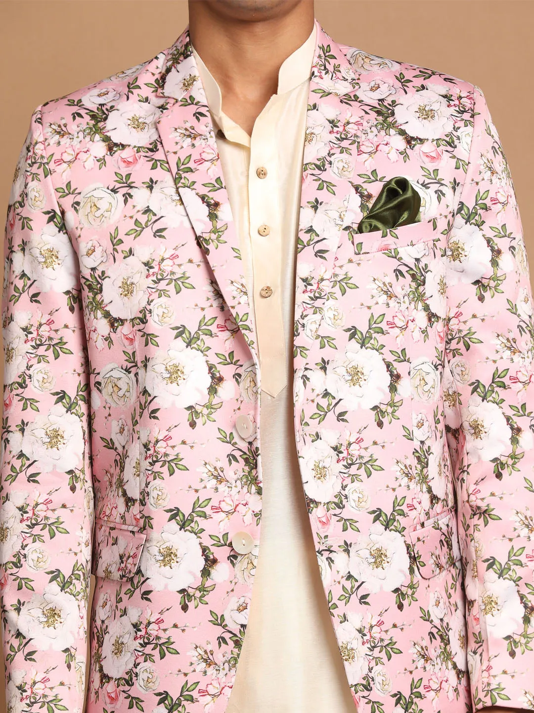 VASTRAMAY Pink Floral Blazer and Cream Kurta Set