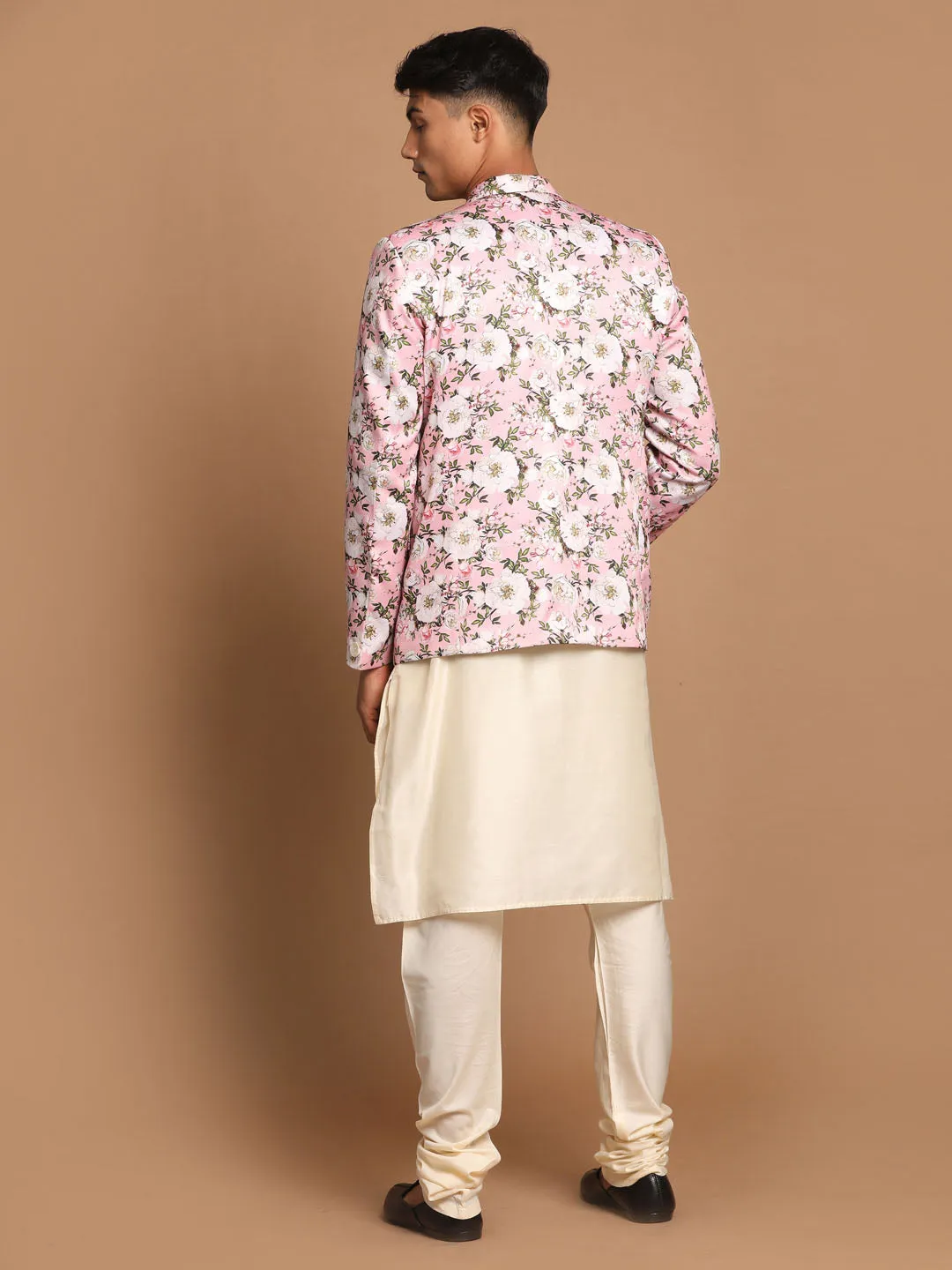 VASTRAMAY Pink Floral Blazer and Cream Kurta Set