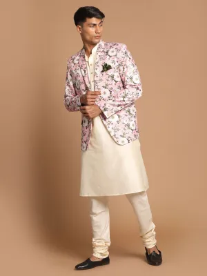 VASTRAMAY Pink Floral Blazer and Cream Kurta Set