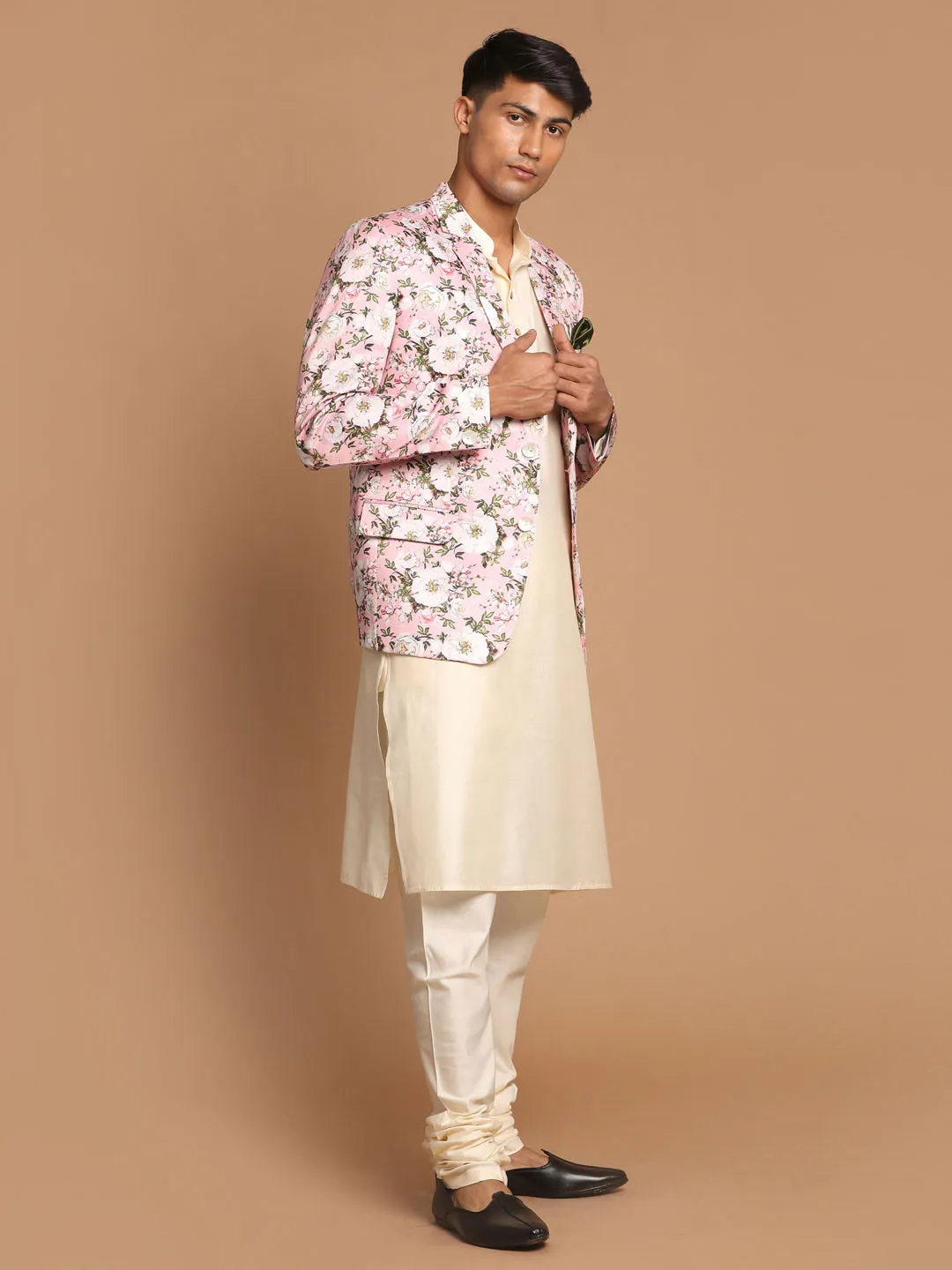 VASTRAMAY Pink Floral Blazer and Cream Kurta Set