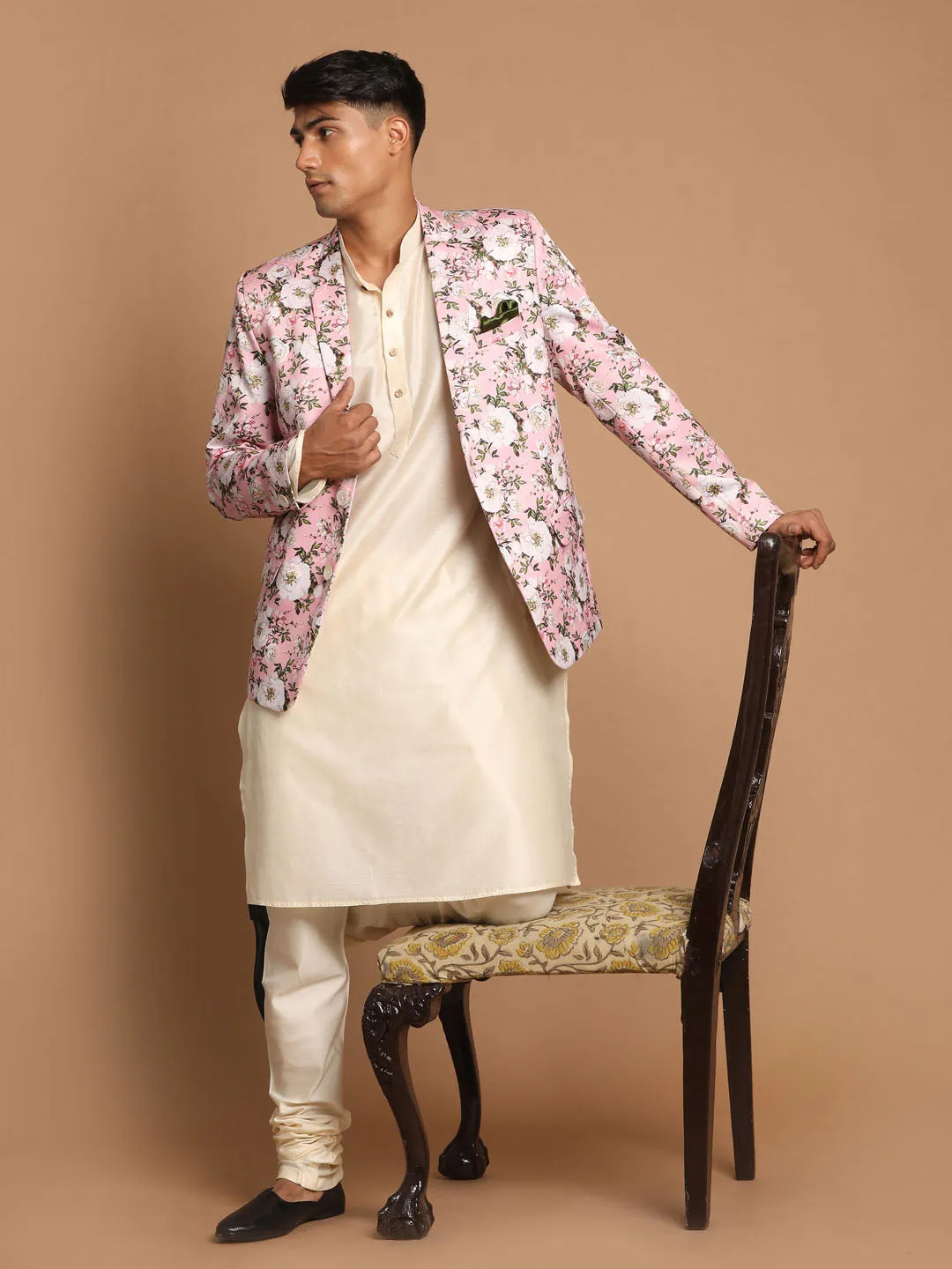 VASTRAMAY Pink Floral Blazer and Cream Kurta Set