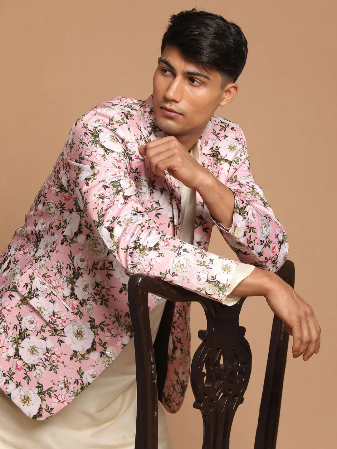 VASTRAMAY Pink Floral Blazer and Cream Kurta Set