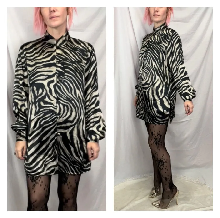 Vintage 90s Y2K | Silky Zebra Print Robe Kimono Cover Up Blouse | Size M