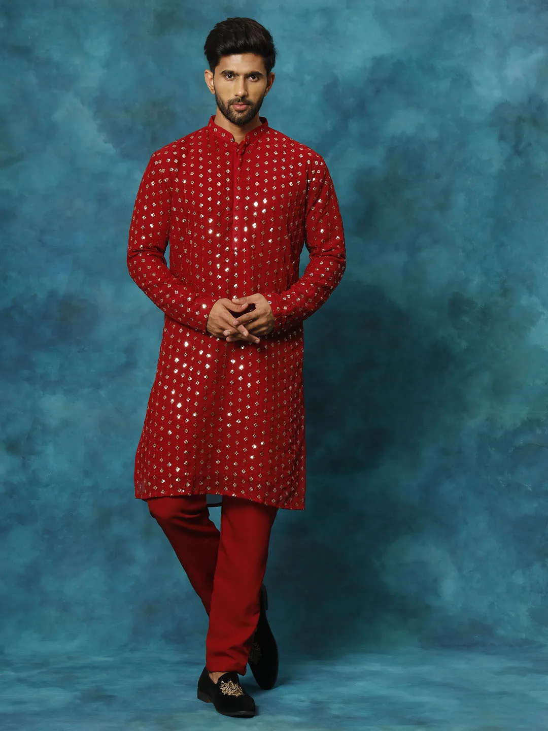 VM Maroon Georgette Embellished Kurta Pyjama Set