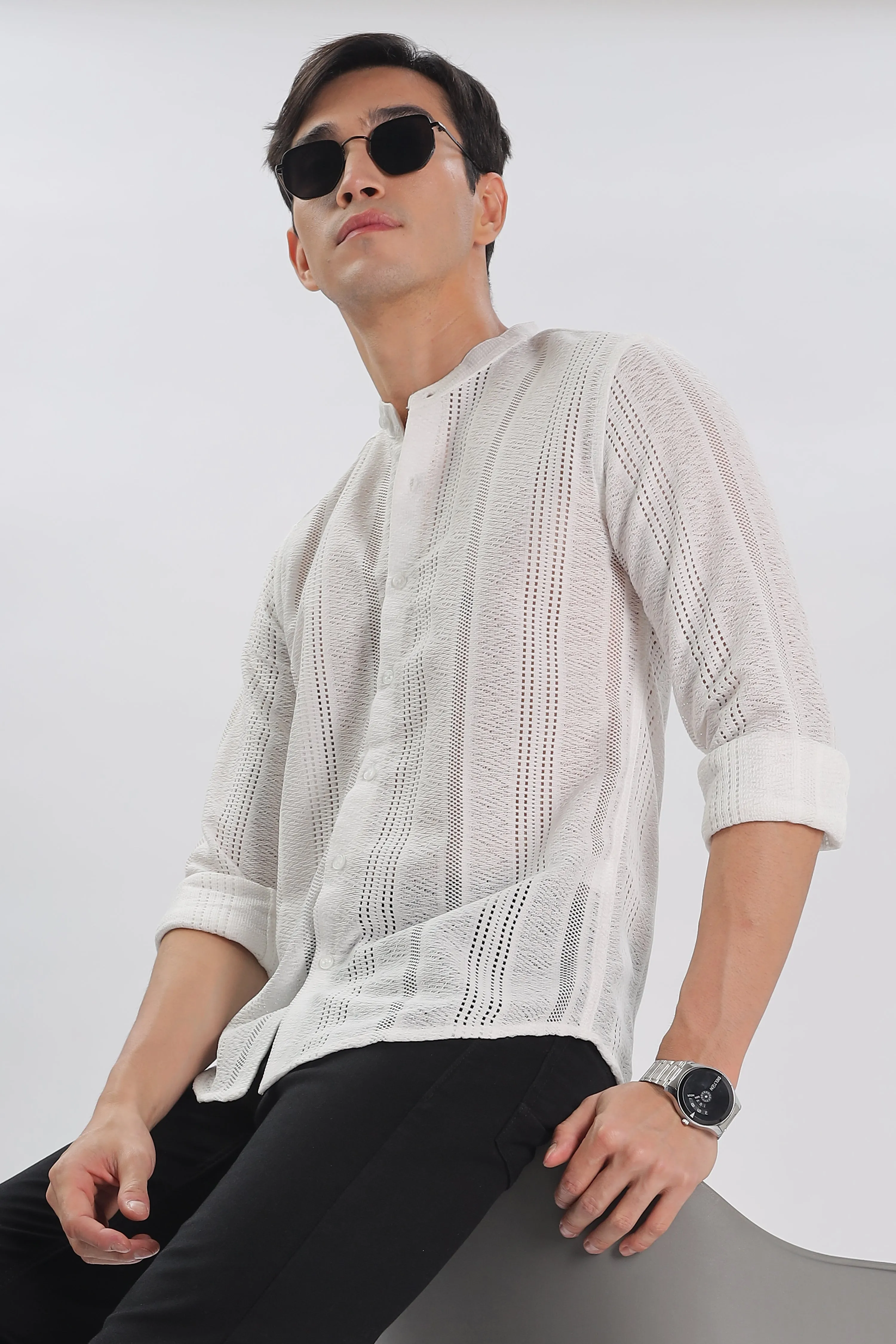 White Jacquard Knit Shirt