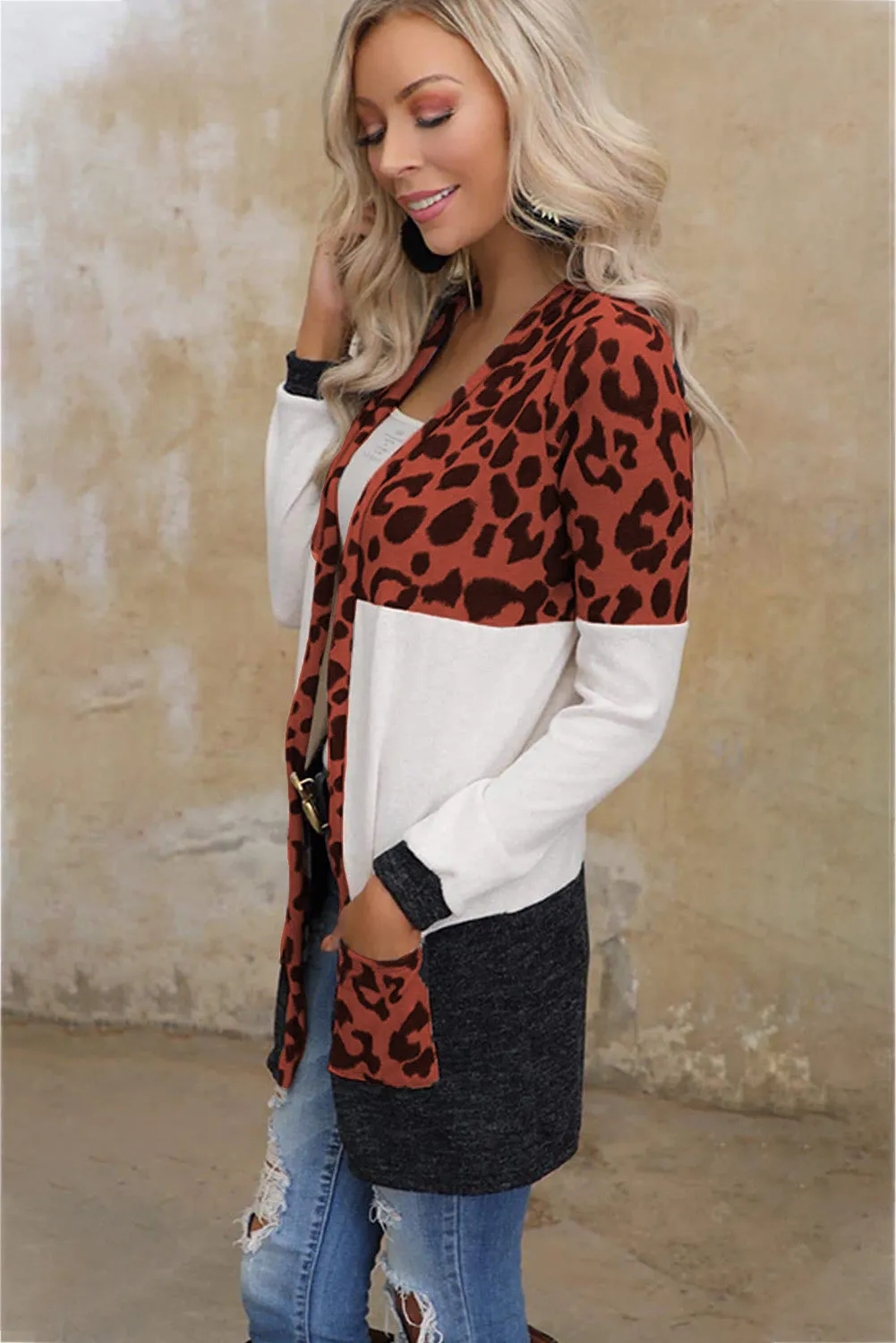 Women's Open Front Leopard Print Color Block Patchwork Cardigan