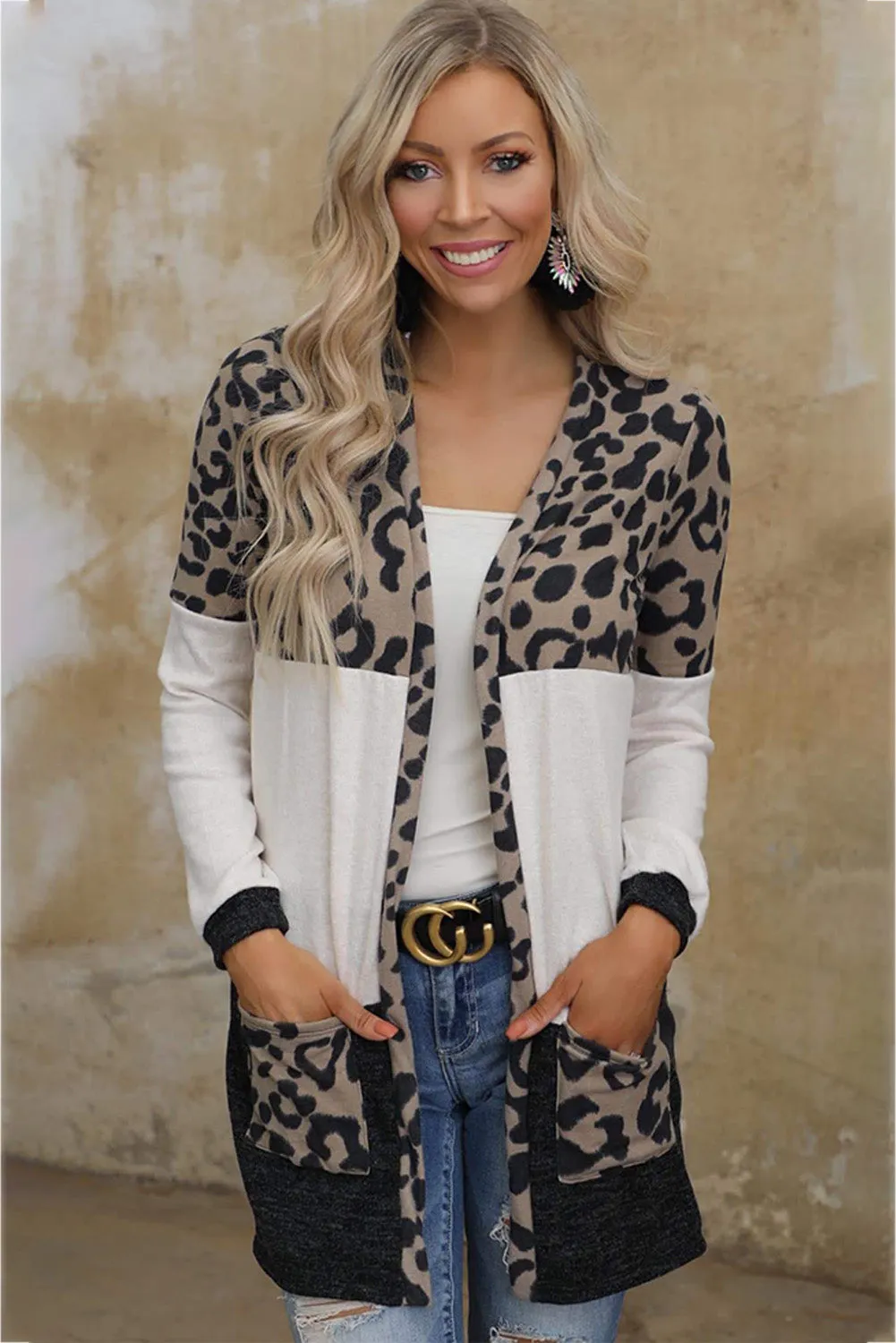 Women's Open Front Leopard Print Color Block Patchwork Cardigan