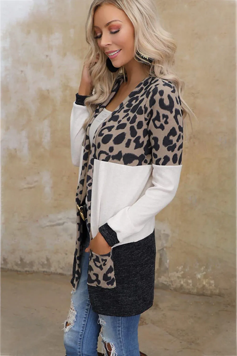 Women's Open Front Leopard Print Color Block Patchwork Cardigan