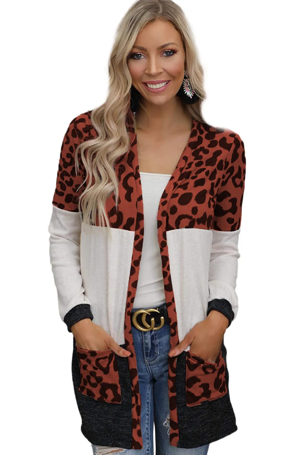 Women's Open Front Leopard Print Color Block Patchwork Cardigan