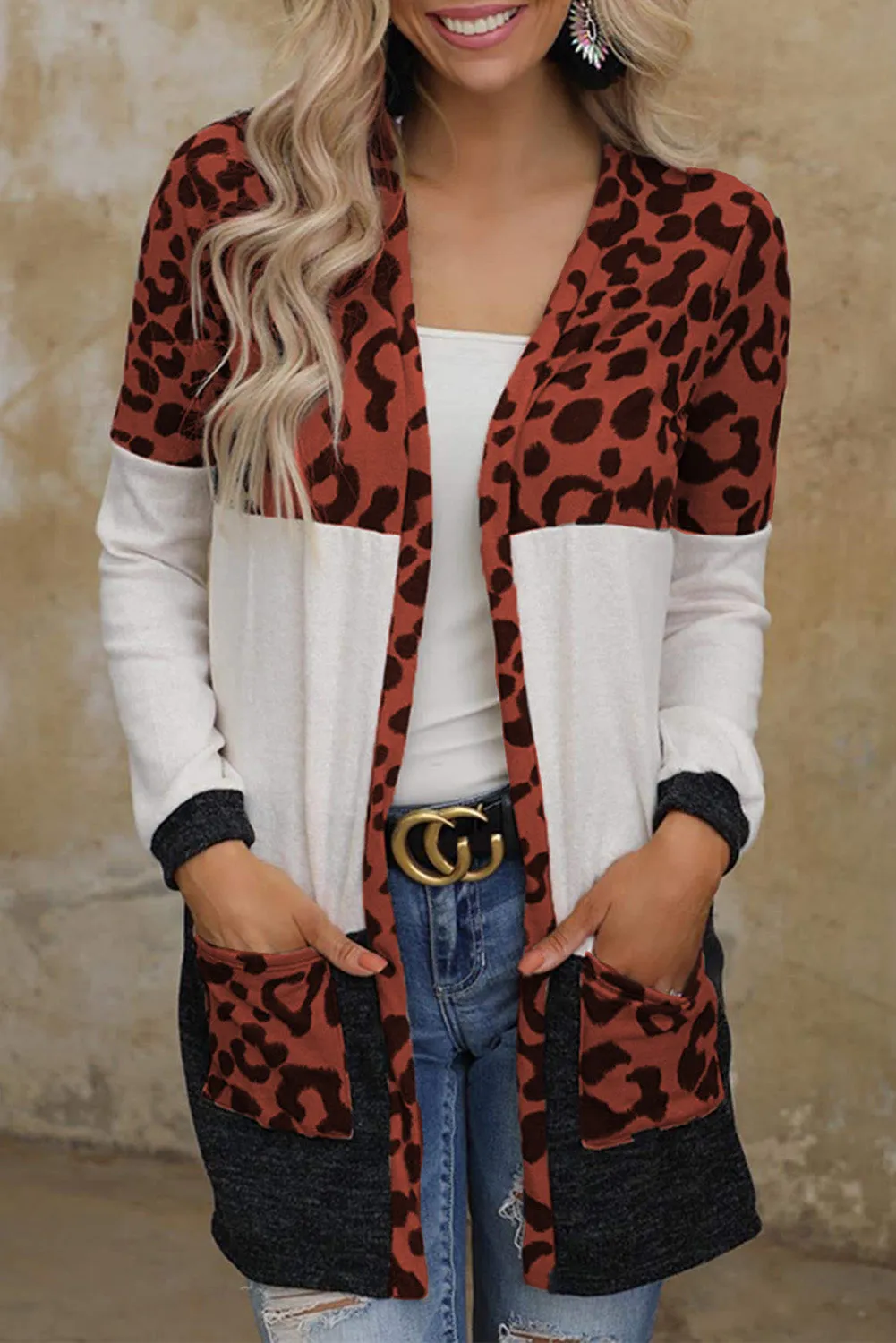 Women's Open Front Leopard Print Color Block Patchwork Cardigan