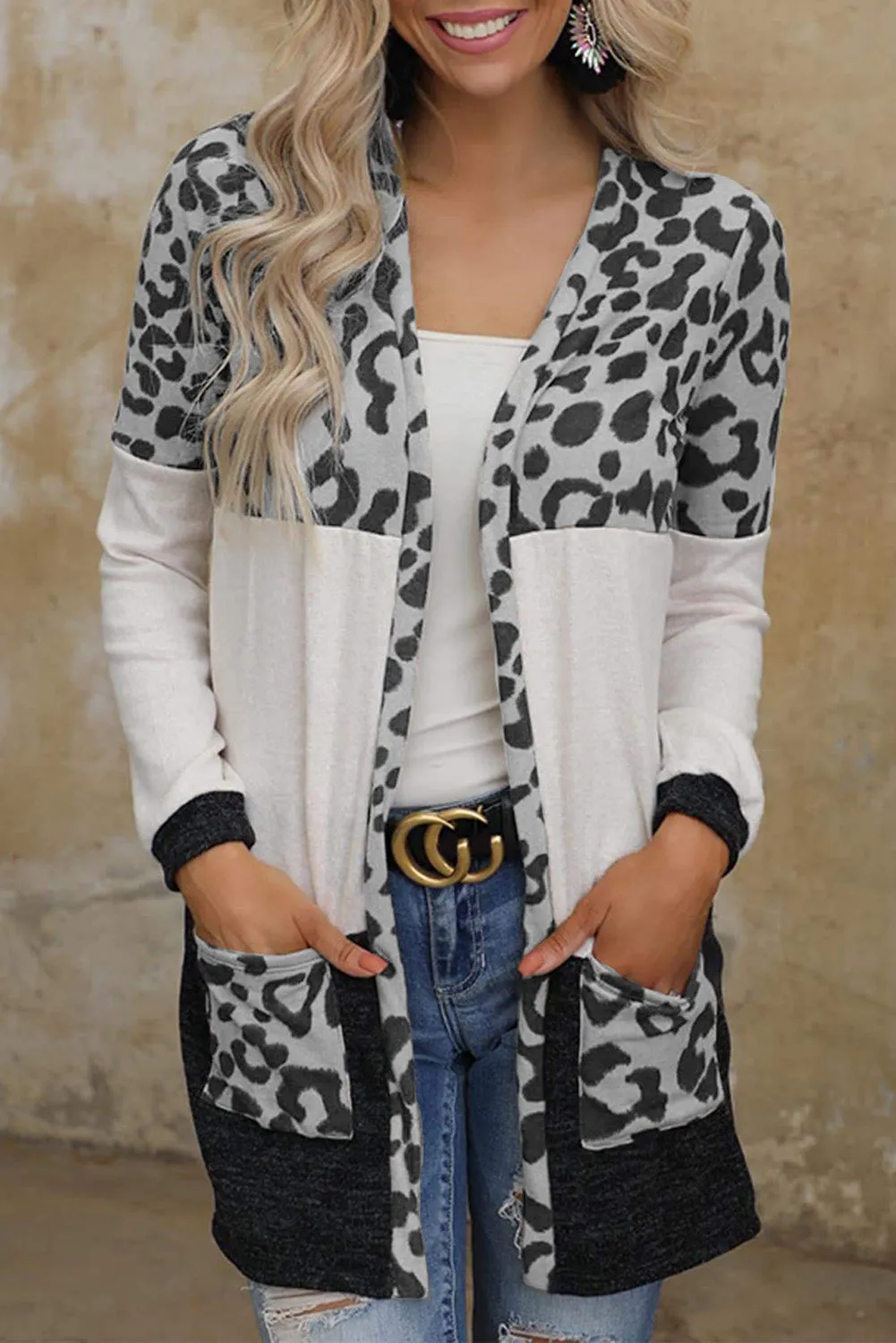 Women's Open Front Leopard Print Color Block Patchwork Cardigan