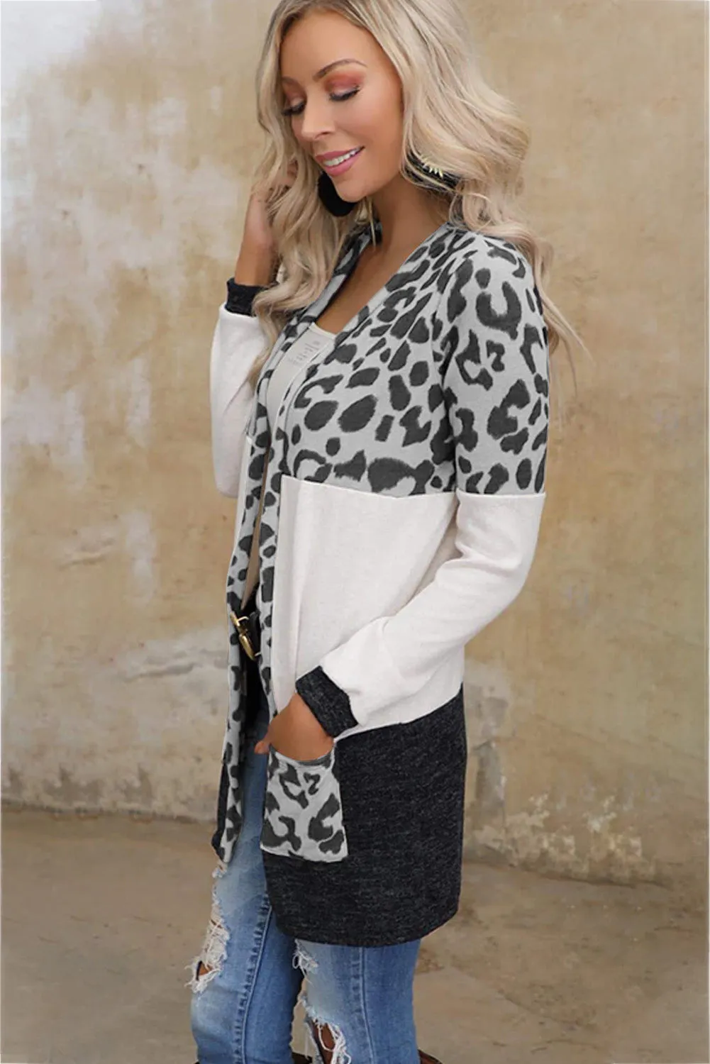 Women's Open Front Leopard Print Color Block Patchwork Cardigan