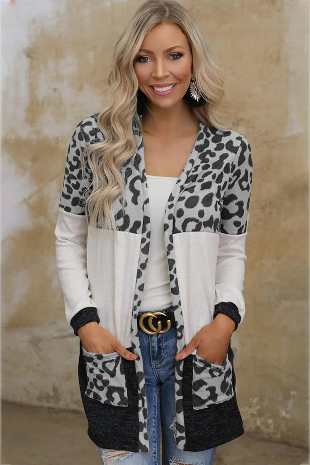 Women's Open Front Leopard Print Color Block Patchwork Cardigan