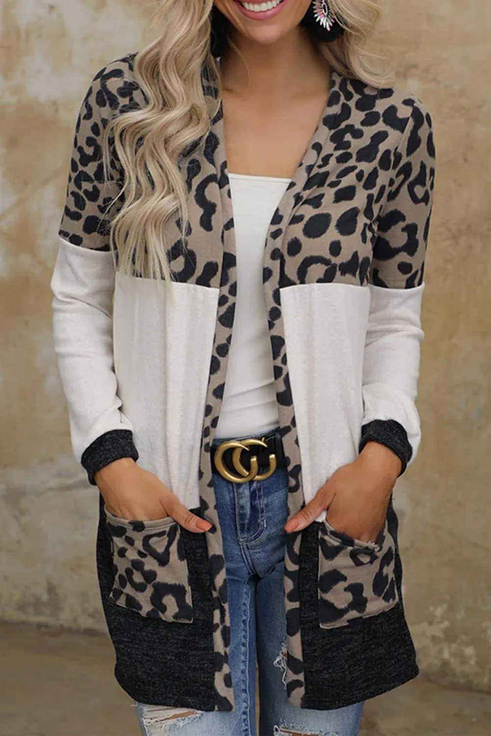 Women's Open Front Leopard Print Color Block Patchwork Cardigan