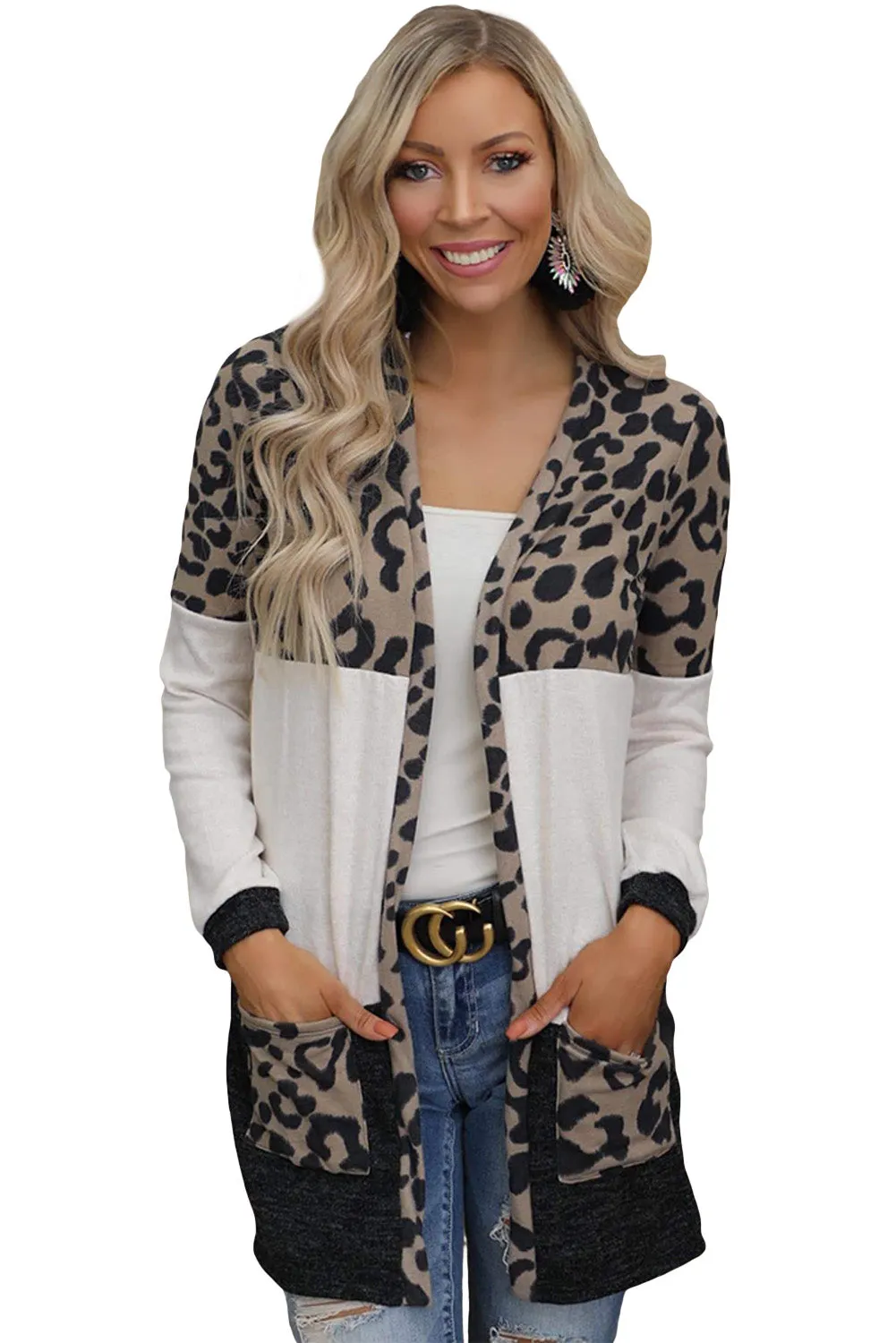 Women's Open Front Leopard Print Color Block Patchwork Cardigan