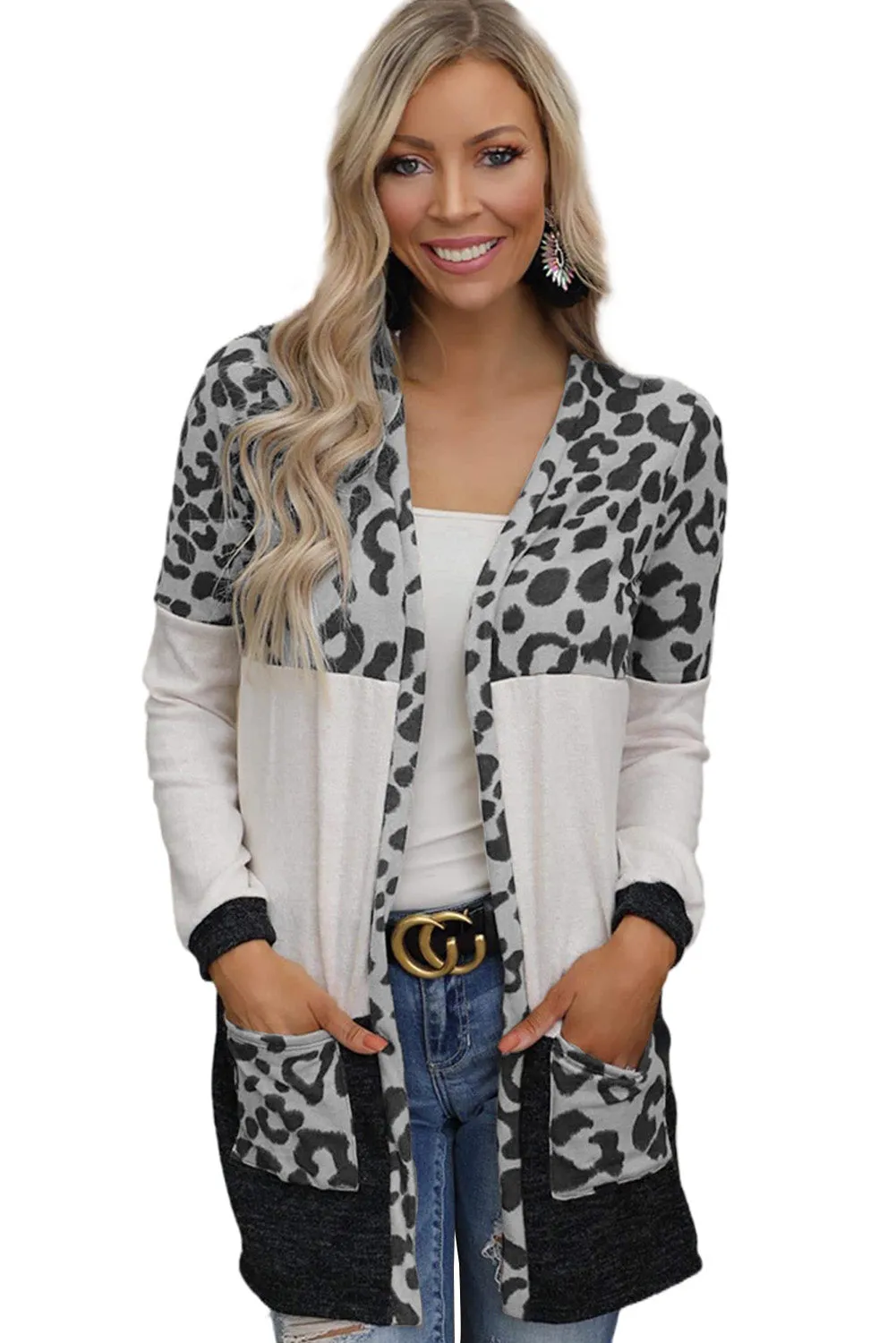 Women's Open Front Leopard Print Color Block Patchwork Cardigan