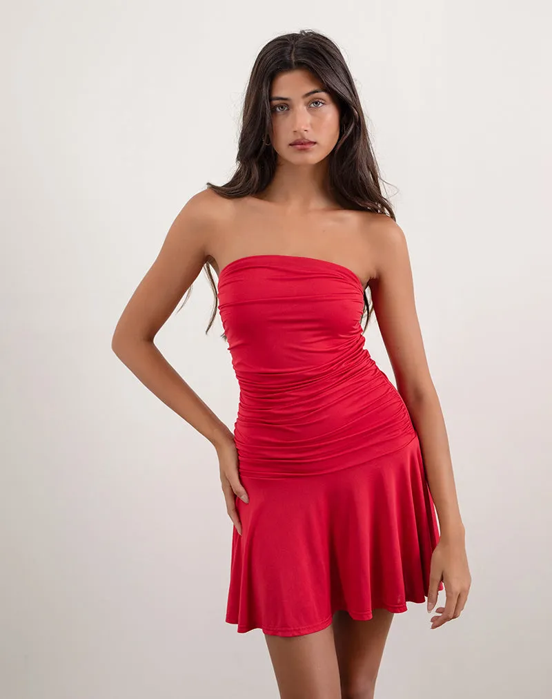 Yasmin Bandeau Mini Dress in Slinky Red